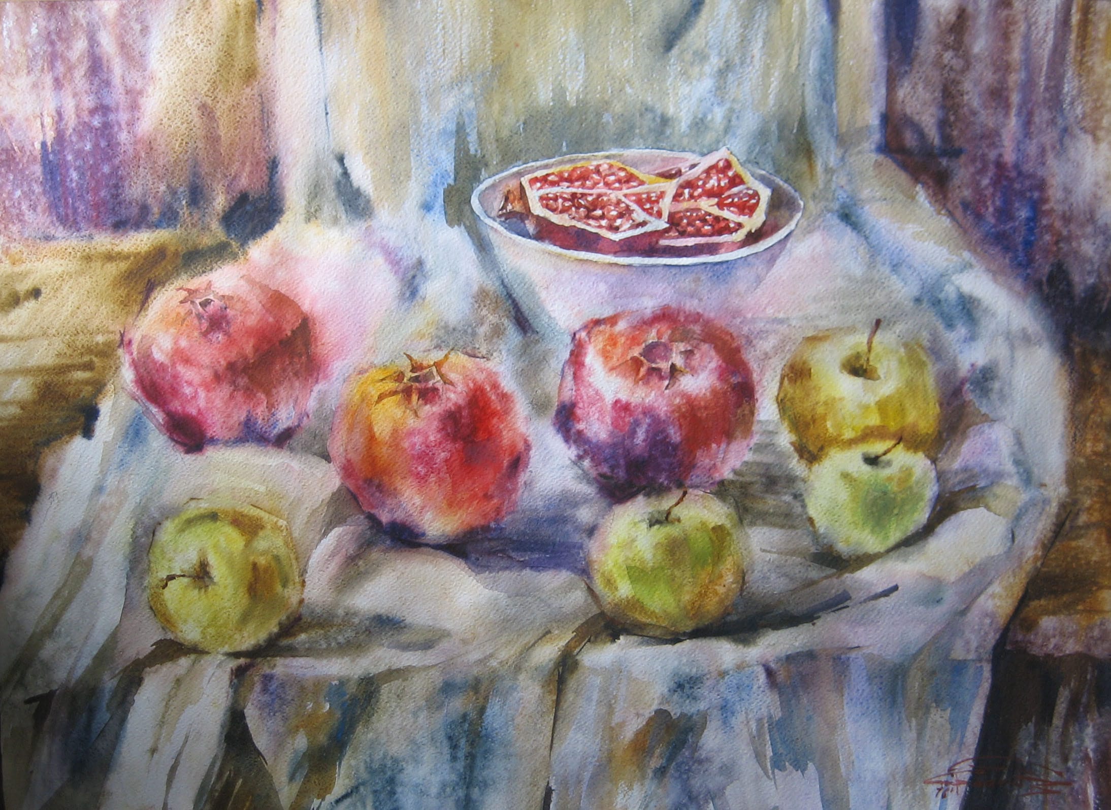 Apples and Pomegranates — watercolour by Serhii Shcherbakov