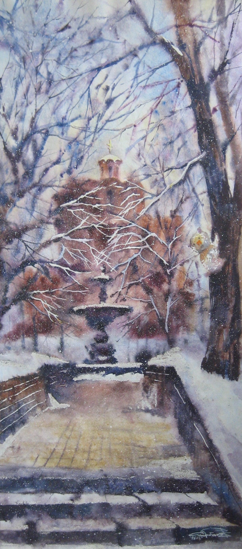Snowy Fountain — watercolour by Serhii Shcherbakov
